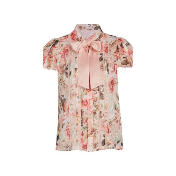 NWT Alice + Olivia “Minda” Floral Eyelet Ruffle-Sleeve Tie-Neck Blouse Size M - Picture 7 of 11